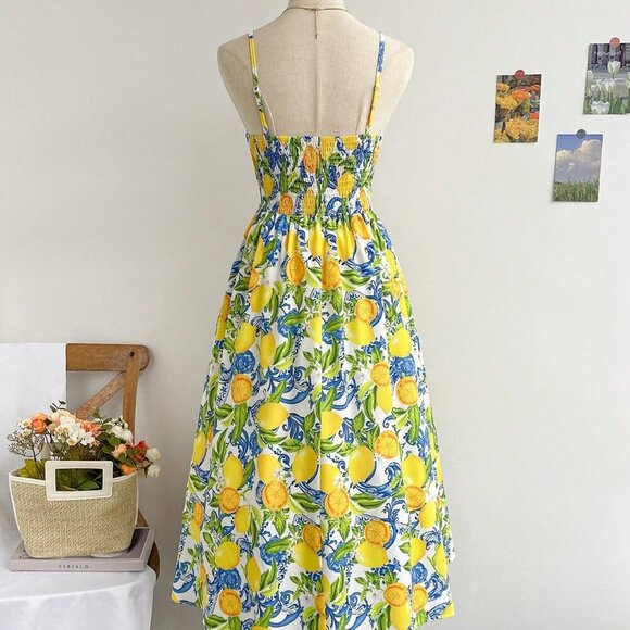 Multicolor Boho Women's Spaghetti Strap V-Neck Knotted Waist A-Line Midi Dress - Picture 2 of 7